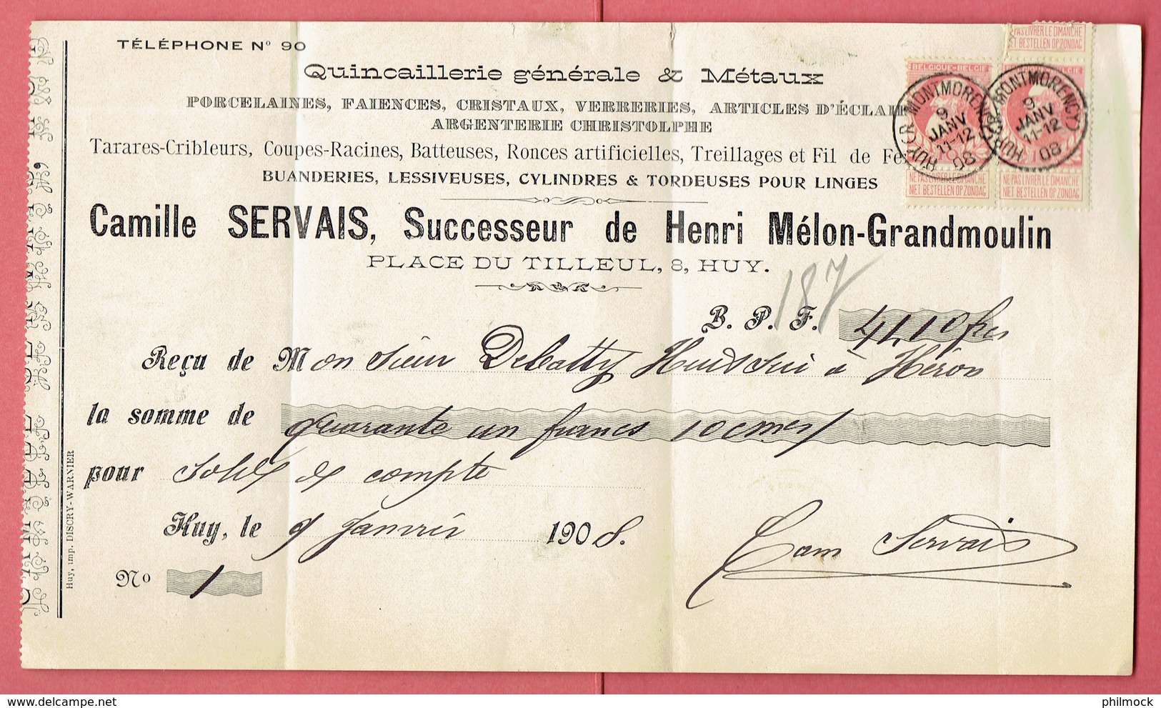 M - Reçu De Héron Pour Camille Servais Quincaillerie Huy - Obl Huy(Montmorency) Le 9-Janv-1908 Sur 74x2 Avec Bandelettes - 1900 – 1949