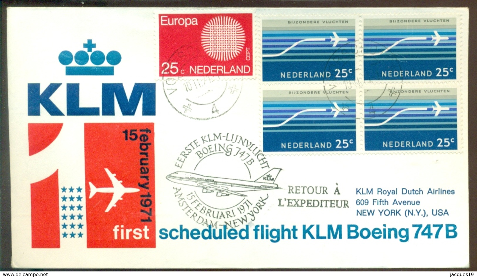 Nederland 1971 Eerste KLM Lijnvlucht Boeing 747 Amsterdam - New York VH A 836a - Luftpost