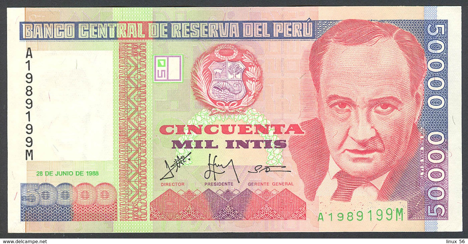 PERU' - 50.000 Intis 28.06.1988 UNC P.142 - Pérou