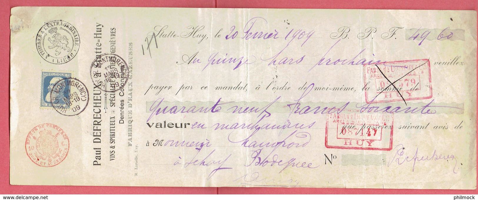 M - Mandat De Defrecheux Vins&spiritueux Statte Vers Jehay-Bodegnée - Obl Huy(Montmorency) Le 12-Mars-1909 Sur 76 - 1900 – 1949