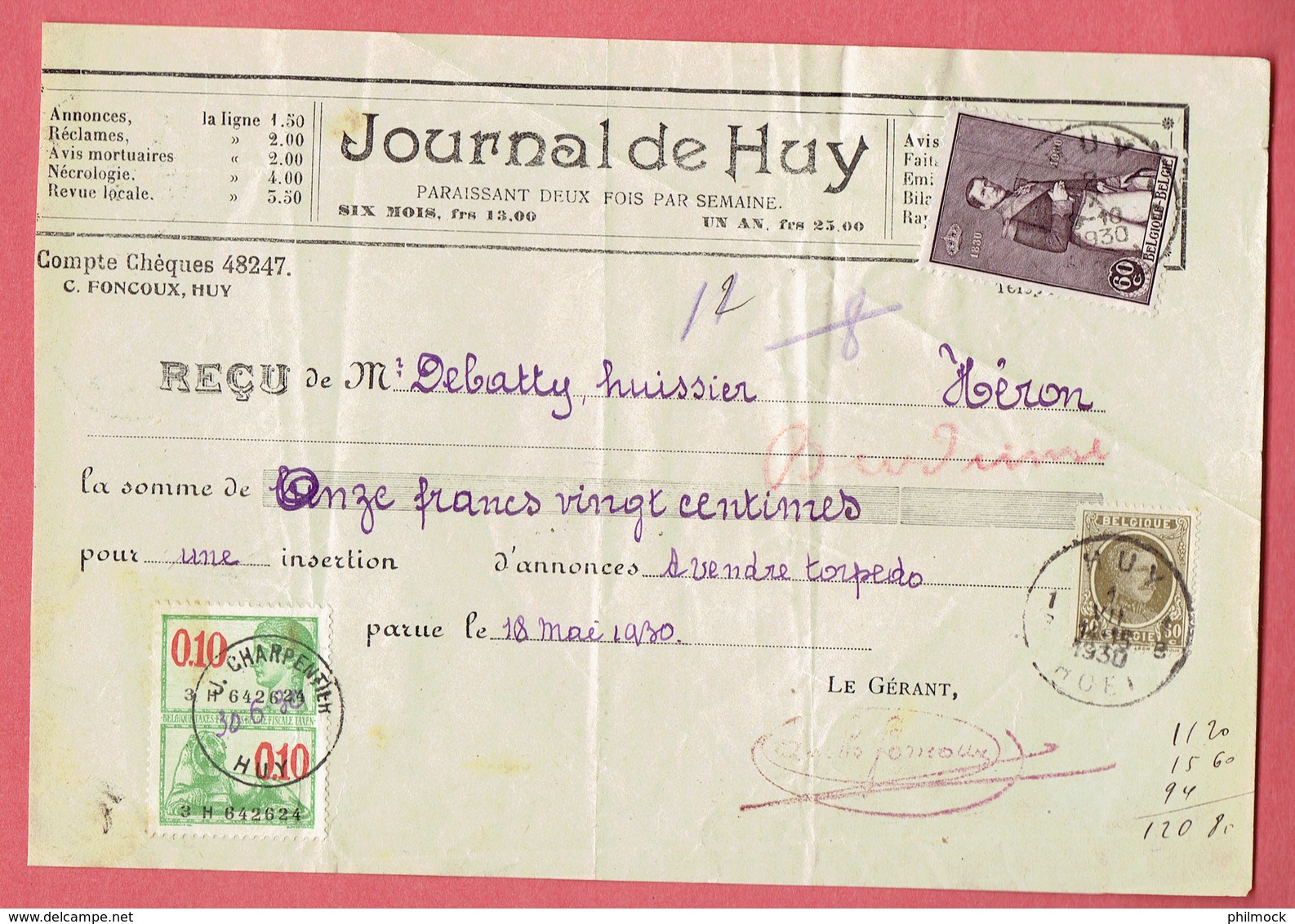 M - Reçu De Huissier A Héron Pour Journal De Huy - Obl Huy 1B Hoei Le 1-VII-1930 Sur 255 Et 302 - Fiscaux - 1900 – 1949