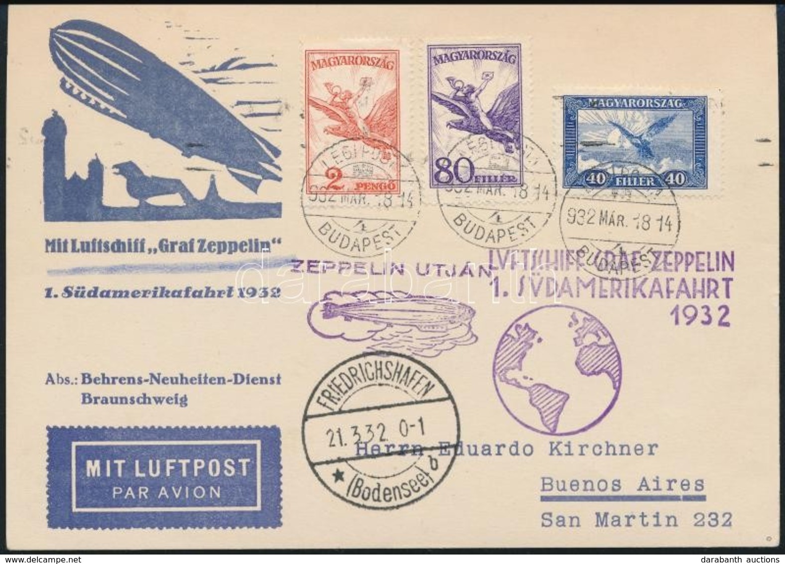 1932 Márc. 18. 1. Dél-Amerikai Zeppelin Repülés Levelezőlap, Ritka - Autres & Non Classés