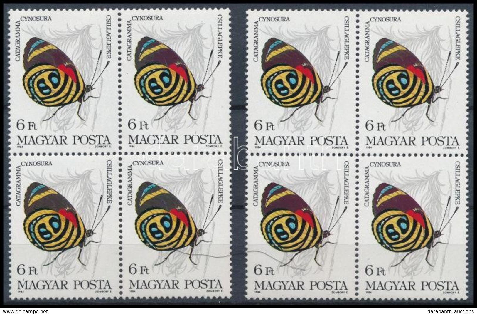 ** 1984 Lepkék 6Ft Négyestömb, Hiányzik A Bordó Színnyomat + Támpéldány / Mi 3686 Block Of 4, Burgundy Colour Omitted - Andere & Zonder Classificatie