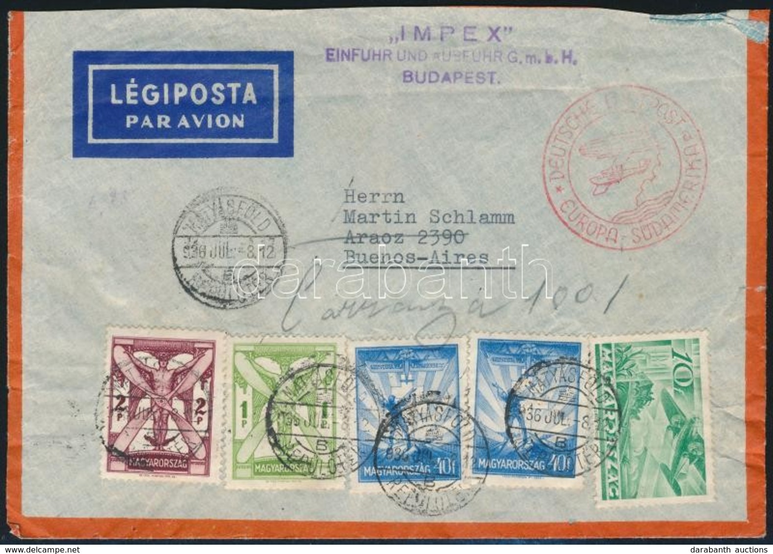 1936 Légi Levél 3,90P Bérmentesítéssel, Piros 'DEUTSCHE LUFTPOST / EUROPA-SÜDAMERIKA' Bélyegzéssel Argentínába - Sonstige & Ohne Zuordnung