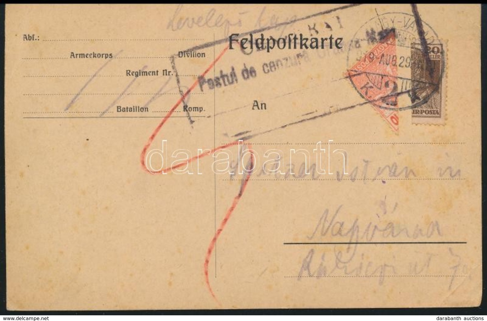 Nagyvárad 1919 Levelezőlap 2 Felezett Bélyeggel Bérmentesítve, Román Cenzúrával - Sonstige & Ohne Zuordnung