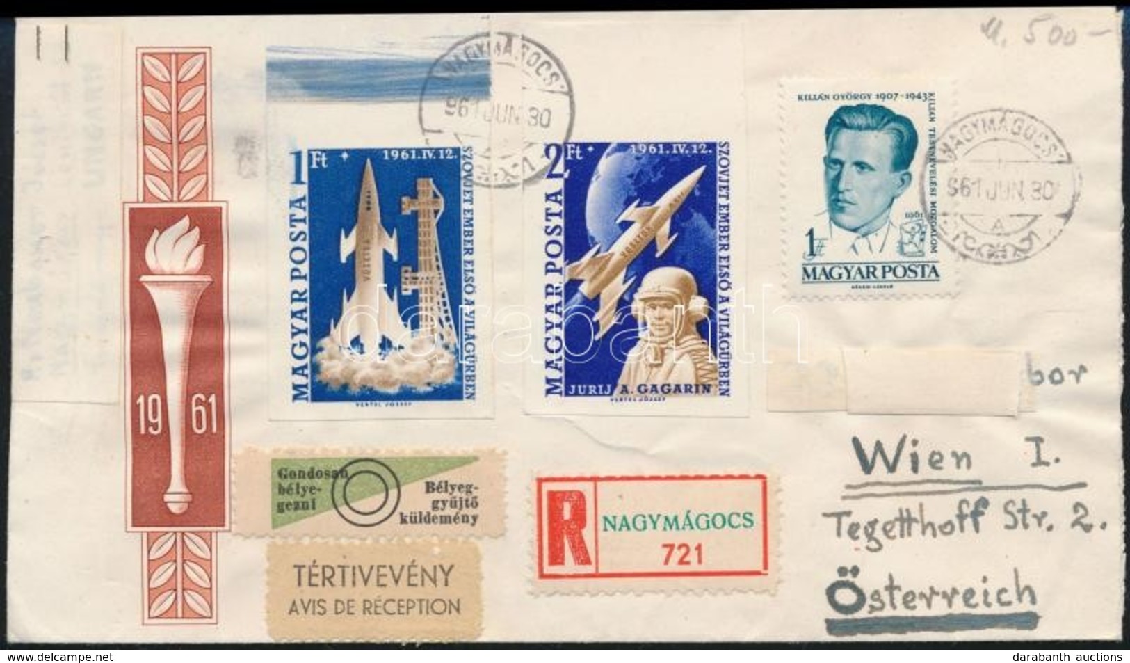 1961 Gagarin ívszéli Vágott Sor Tértivevényes Ajánlott Levélen Bécsbe (12.000) (címzett Neve Leragasztva) - Other & Unclassified