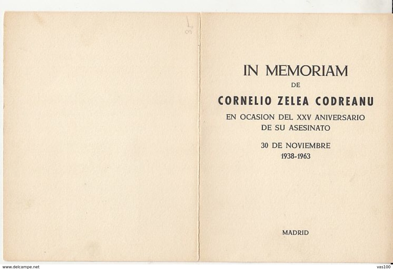 IN MEMORIAM CORNELIU ZELEA CODREANU, IRON GUARD LEADER, BOOKLET, ROMANIAN EXILE IN SPAIN, 1963, ROMANIA - Carnets