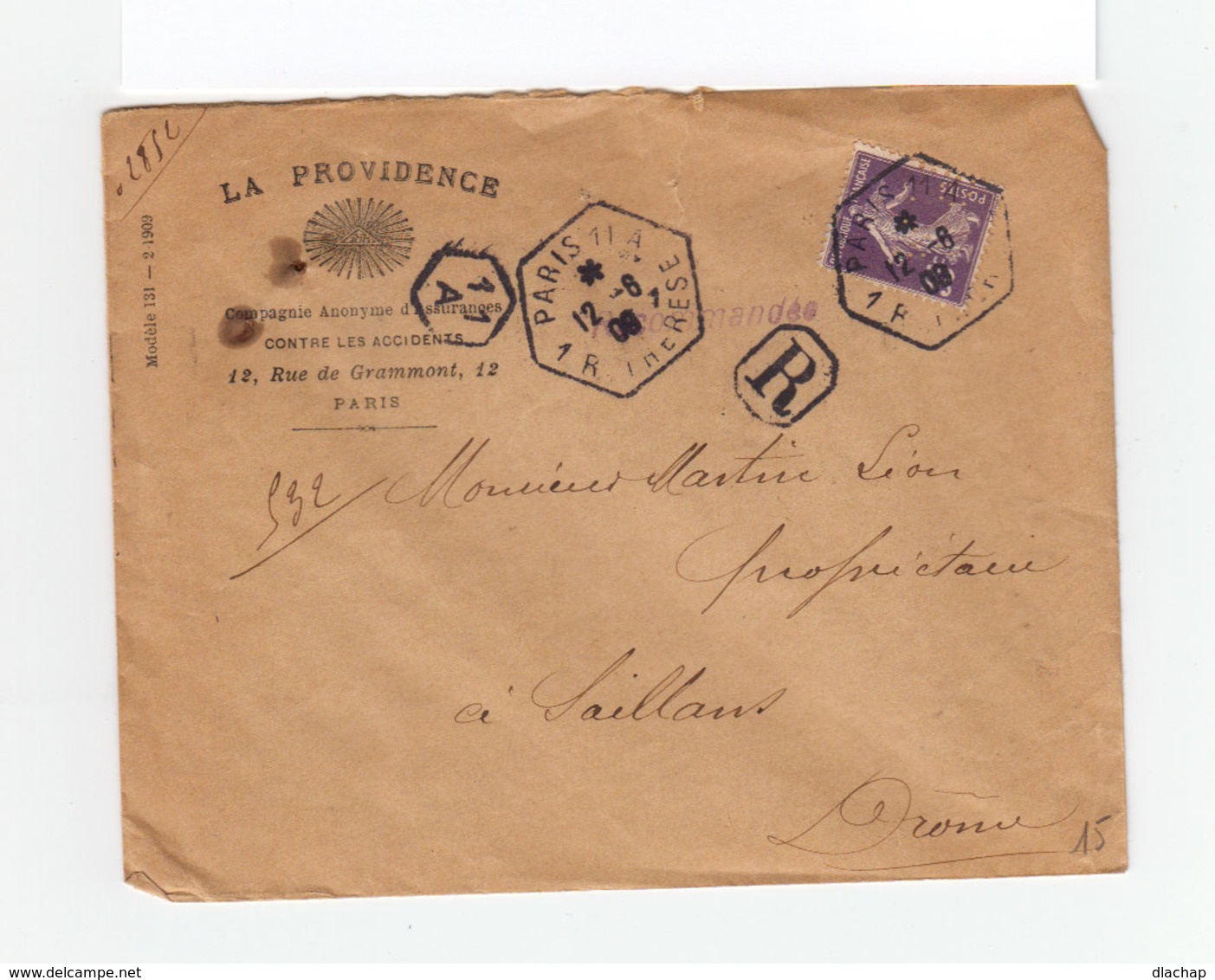 Sur Enveloppe La Providence Paris En R Type Marianne 35 C. Violet CAD Hexagonal Paris 11 A 1 R. Thérèse. (1083x) - 1877-1920: Période Semi Moderne