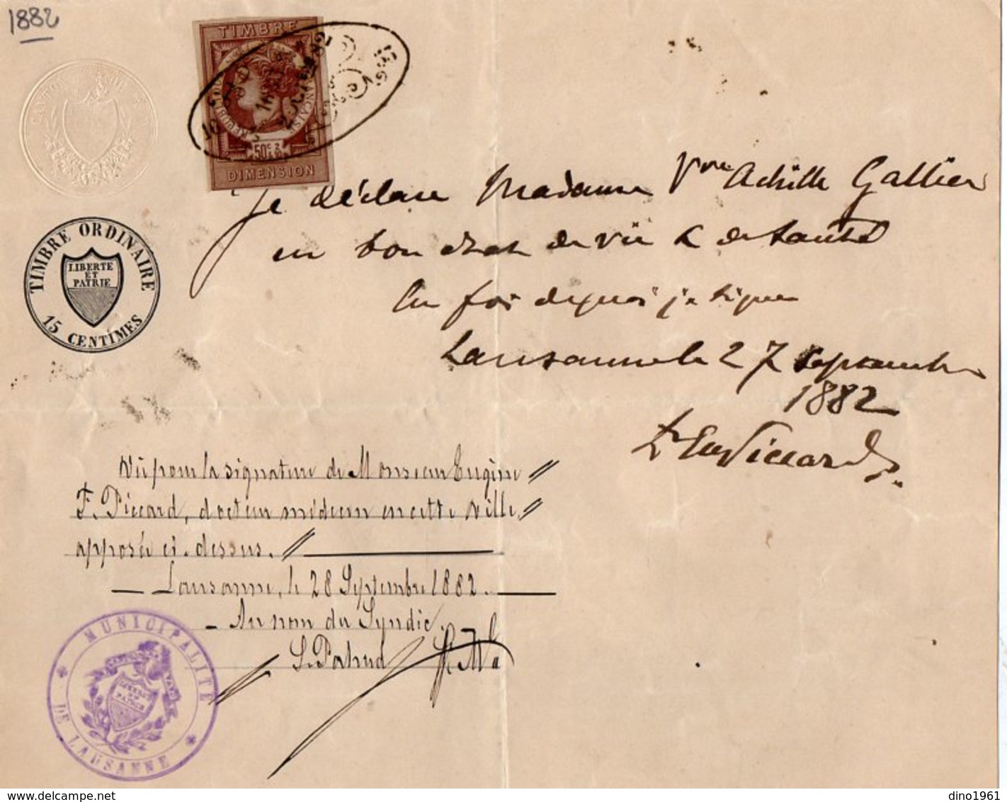 VP14.563 - SUISSE - Municipalité De LAUSANNE 1882 - Certificat De Vie - Mme Veuve Achille GALLIEN - Collections