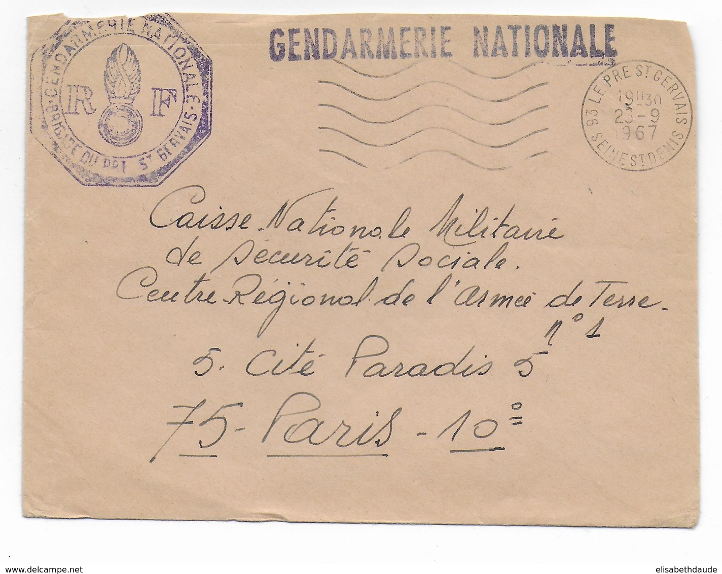 1967 - GENDARMERIE - ENVELOPPE En FRANCHISE De LE PRE ST GERVAIS - Cachets Militaires A Partir De 1900 (hors Guerres)