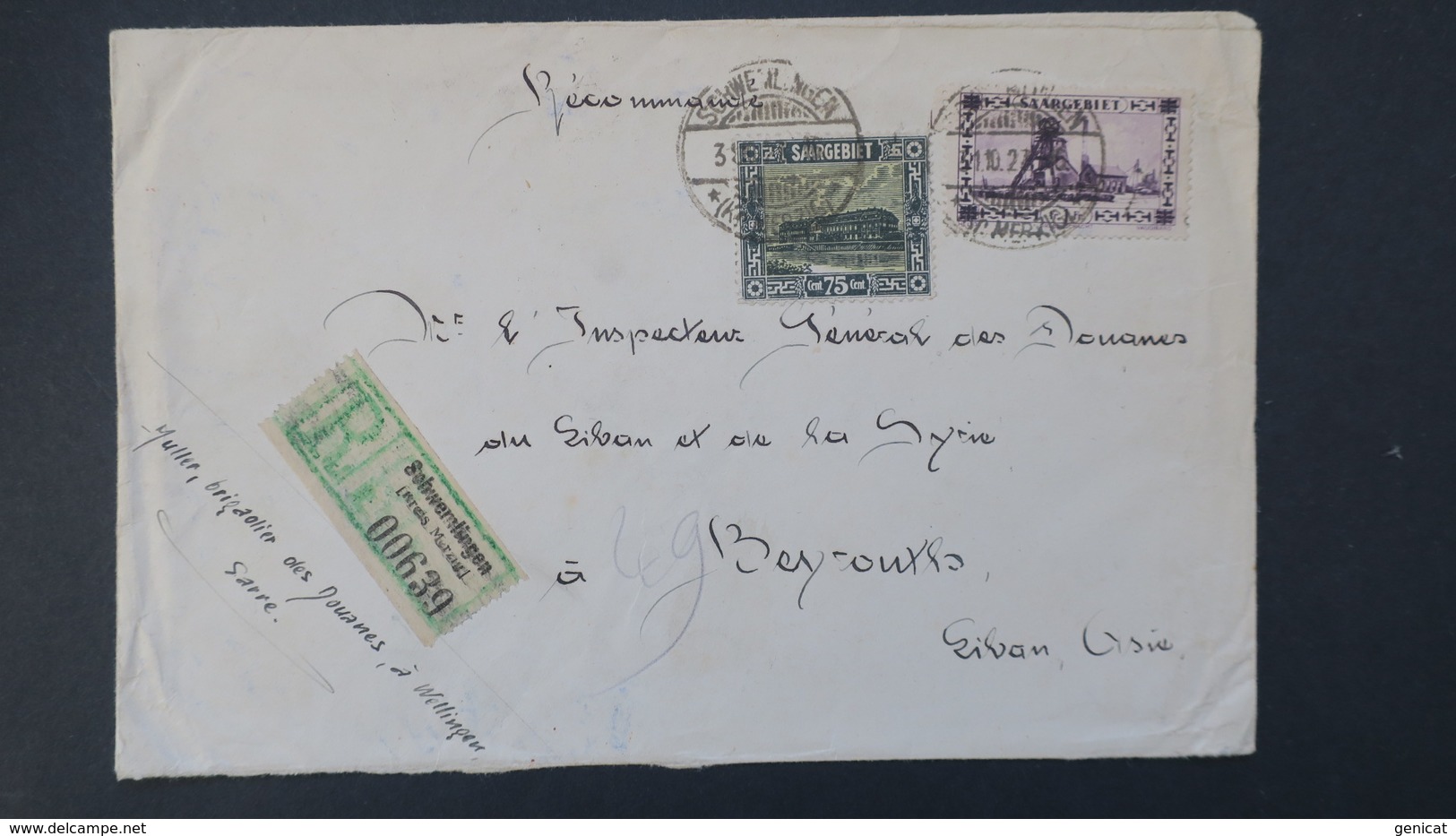 Sarre Lettre Recommandé De Schwemlingen Pour Beyrouth Liban 1927 , Registered Cover To  Lebanon  , Einchreiben 1927 - Lettres & Documents