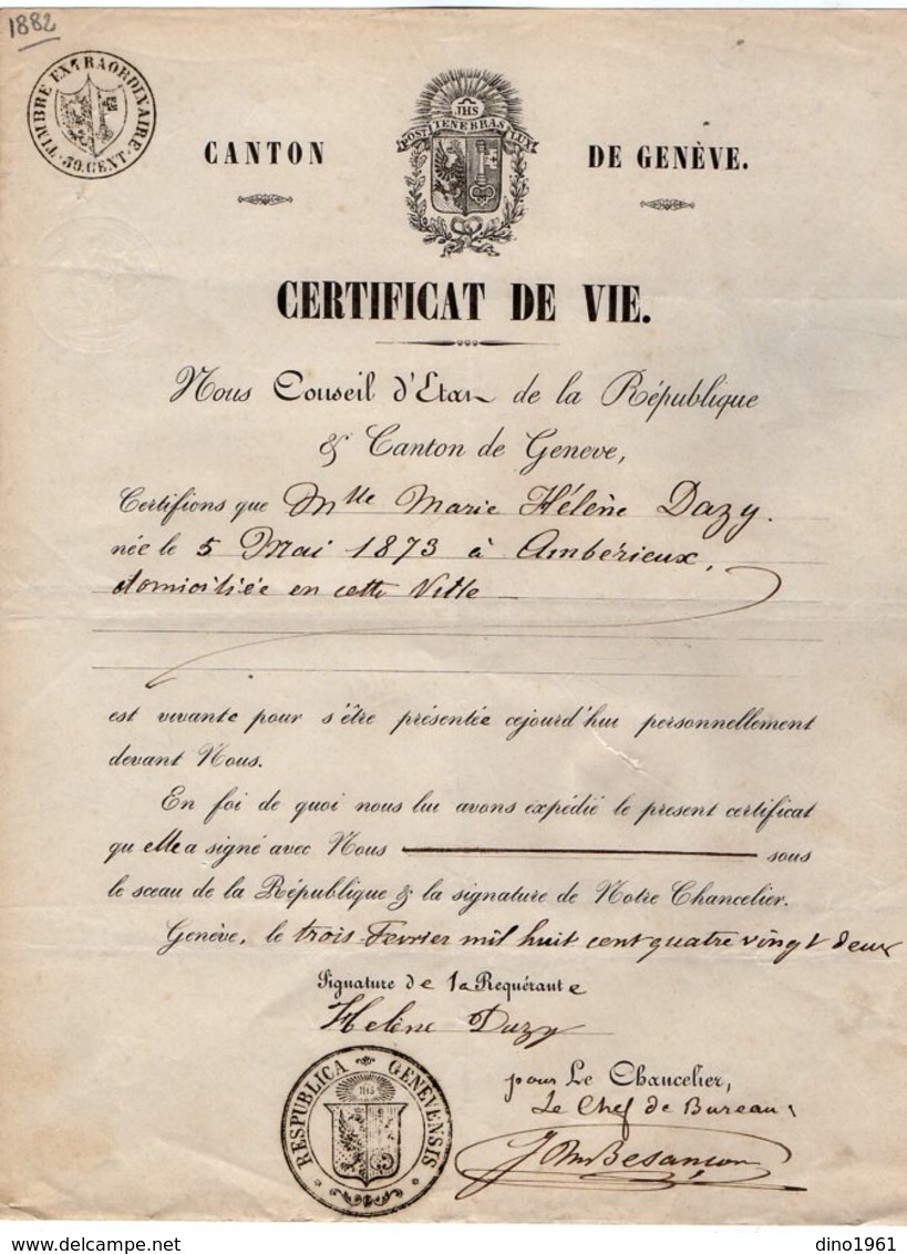 VP14.564 - SUISSE - GENEVE 1882 - Certificat De Vie - Mlle Marie Hélène DAZY Née à AMBERIEUX - Collections