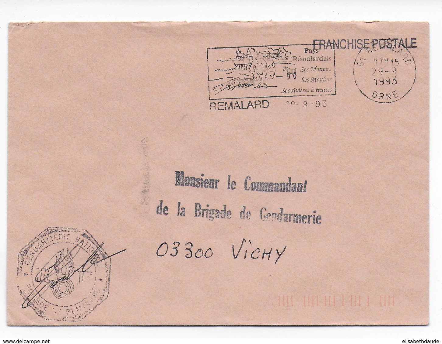 1993 - GENDARMERIE - ENVELOPPE En FRANCHISE De REMALARD (ORNE) - Cachets Militaires A Partir De 1900 (hors Guerres)