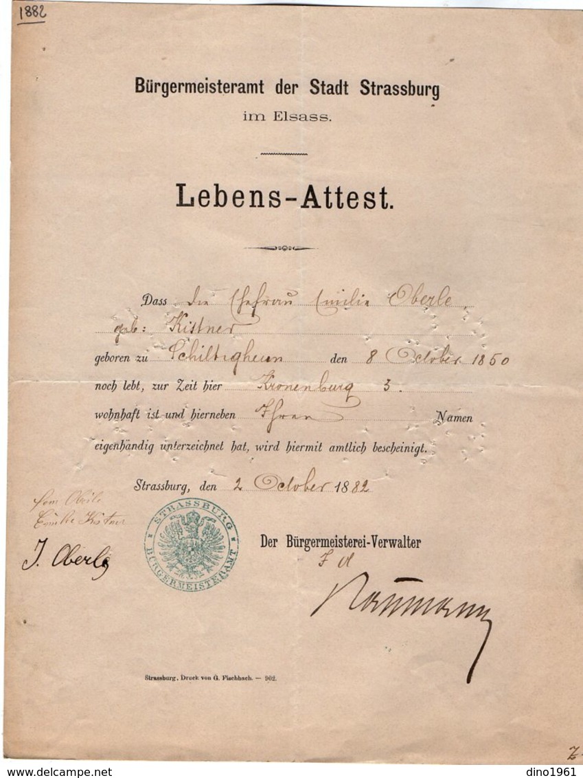 VP14.565 - STRASBOURG 1882 - Certificat De Vie - Mr OBERLE - KISTNER Né à SCHILTIGHEIM - Collections