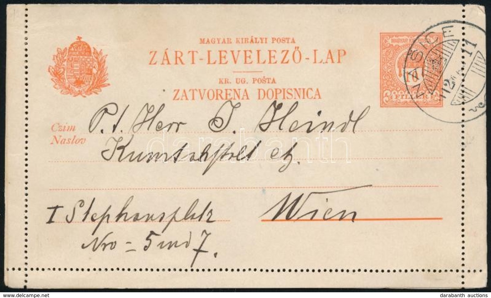 1912 10f Díjjegyes Zárt Levelezőlap 'NASICE' - Wien - Other & Unclassified