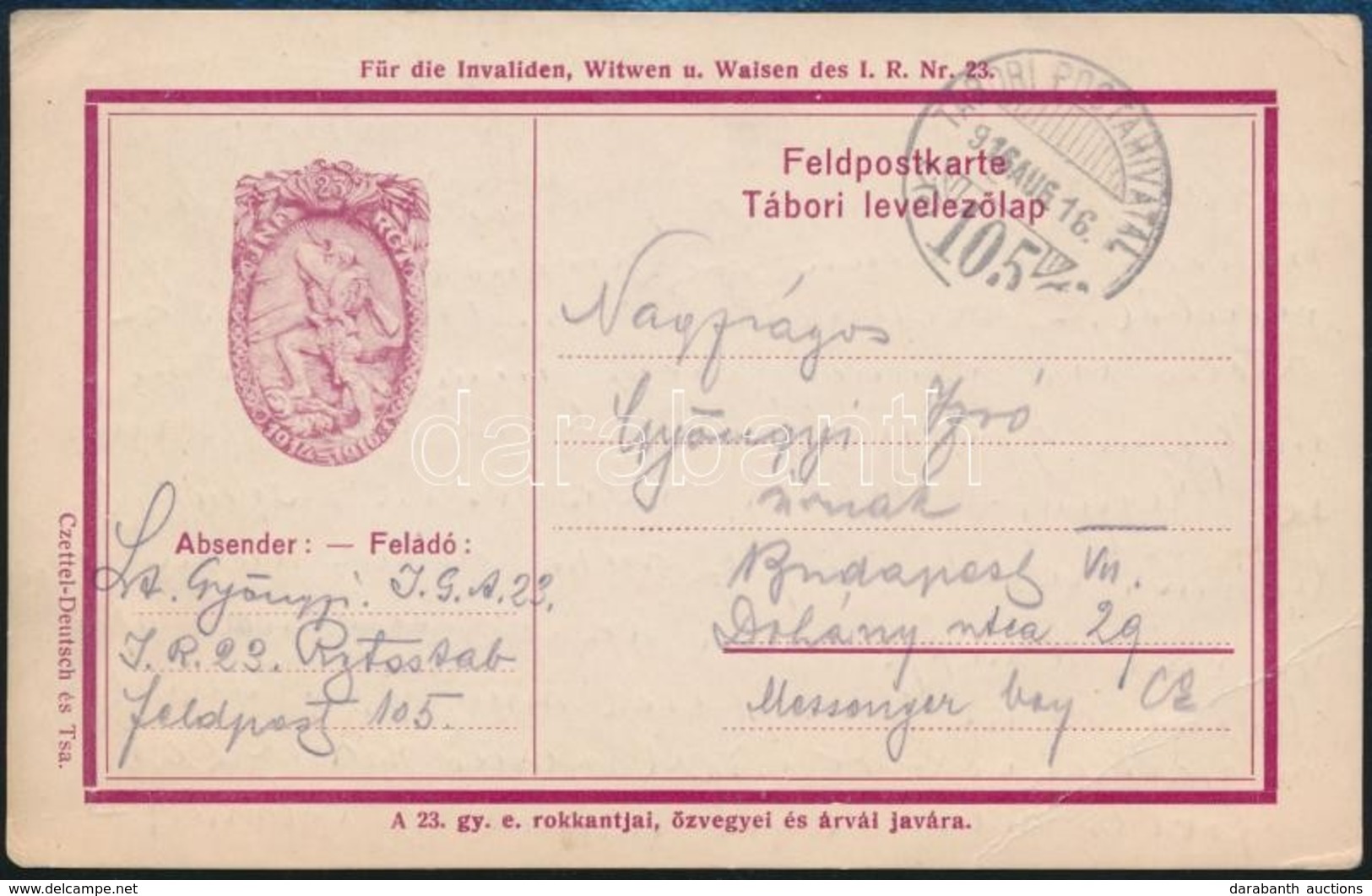 1916 I. Világháborús Tábori Levelezőlap A 23. Gyalogezred Jelvényével - Sonstige & Ohne Zuordnung