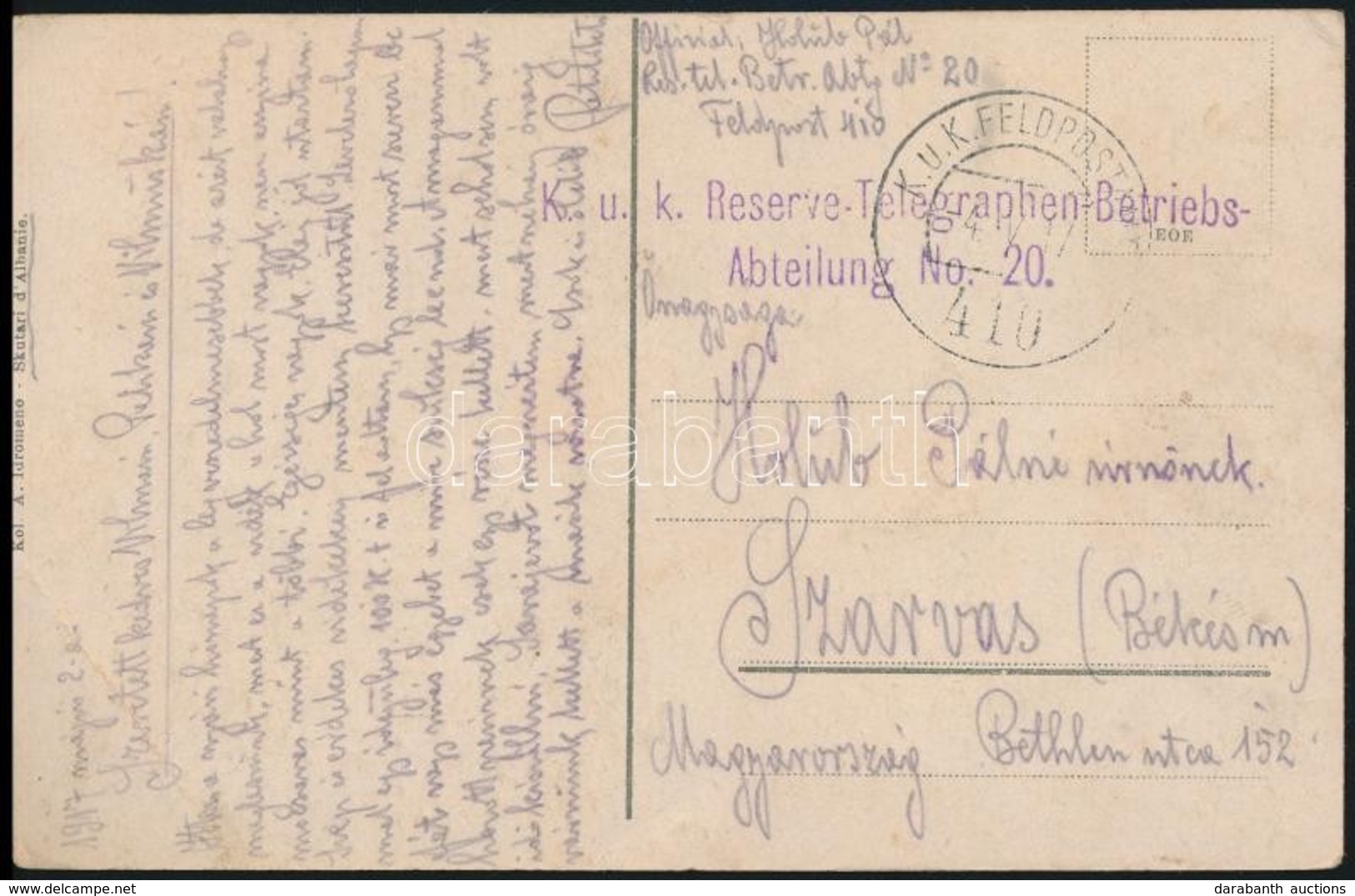 1917 Tábori Posta Képeslap 'K.u.k. Reserve-Telegraphen Betriebs-Abteilung No.20' + 'FP 410' - Altri & Non Classificati