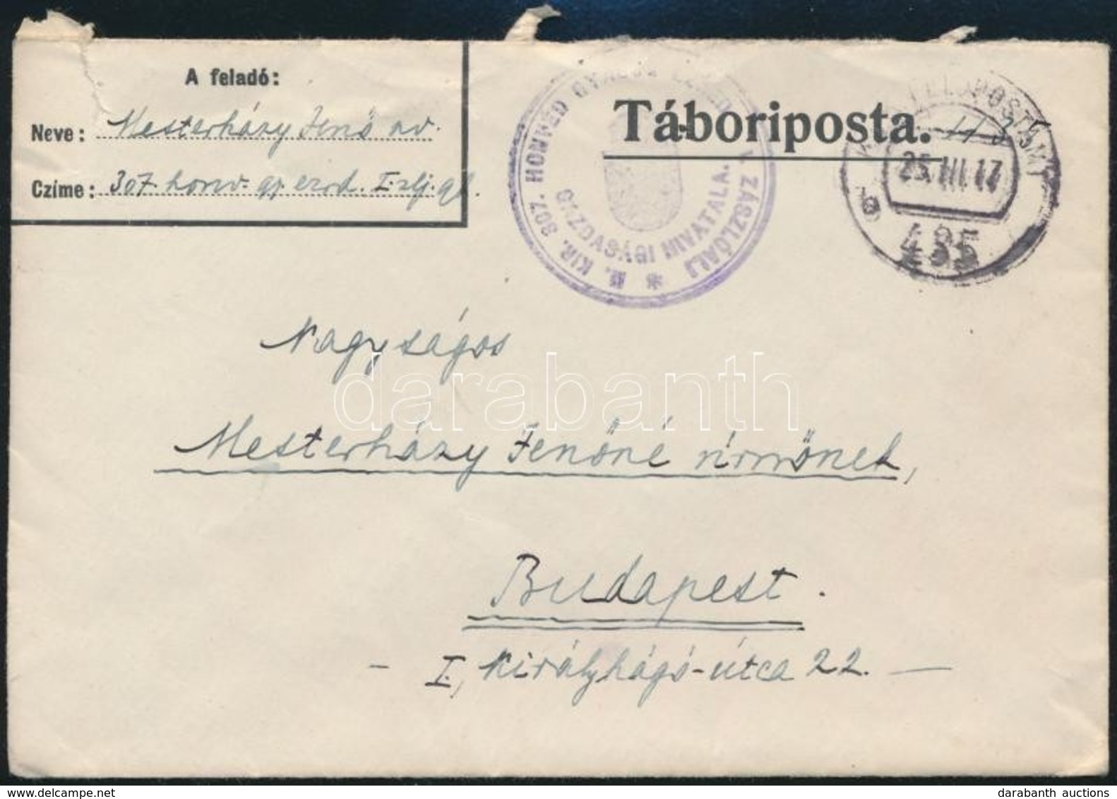 1917 Tábori Posta Boríték  'M.KIR. 307. HONVÉD GYALOG EZRED I. ZÁSZLÓALJ GAZDASÁGI HIVATALA' + 'FP 435 B' - Altri & Non Classificati