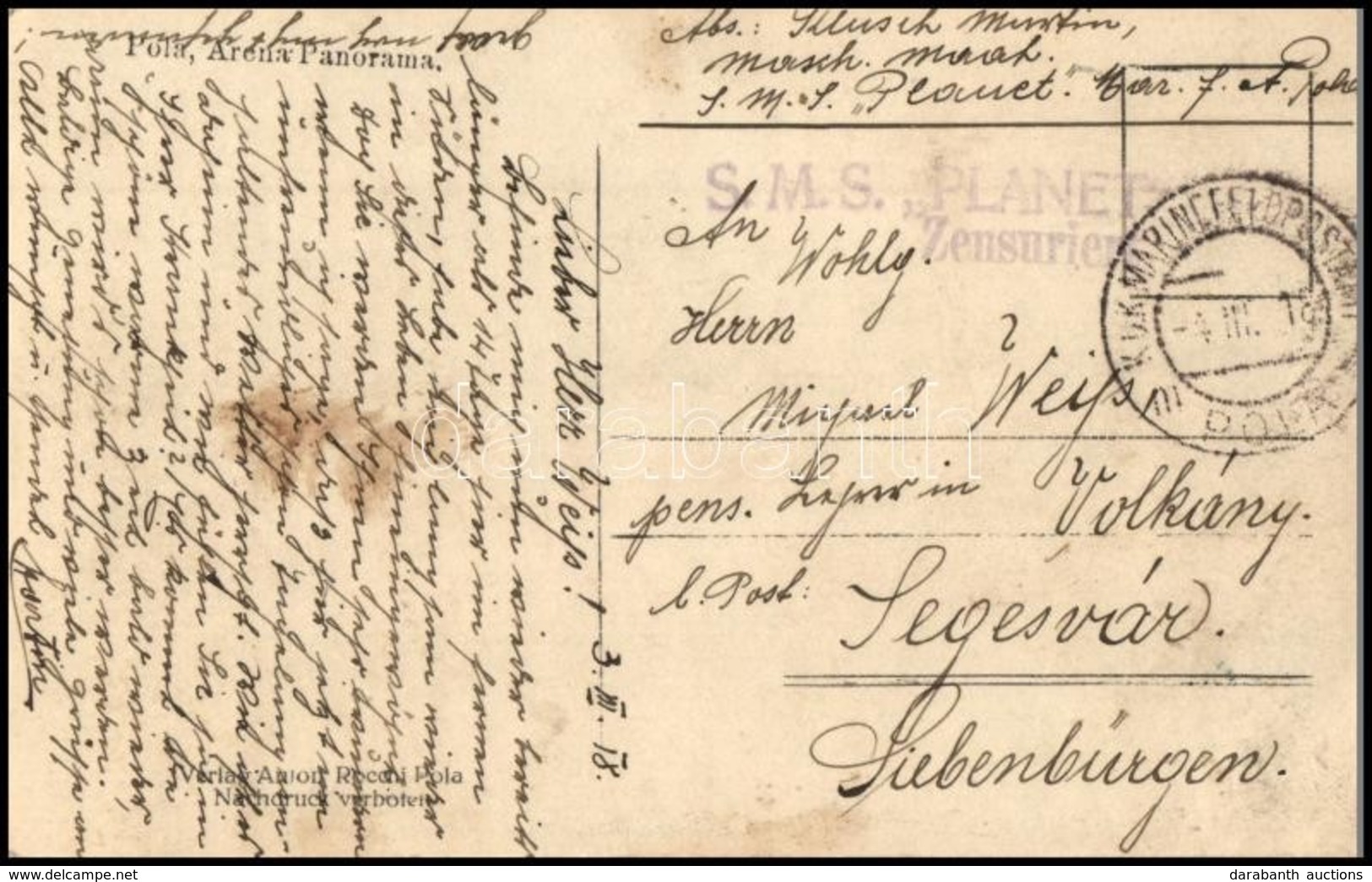 1918 Képeslap Haditengerészeti Postával / Navy Mail Postcard 'S.M.S. PLANET' Zensuriert - Sonstige & Ohne Zuordnung