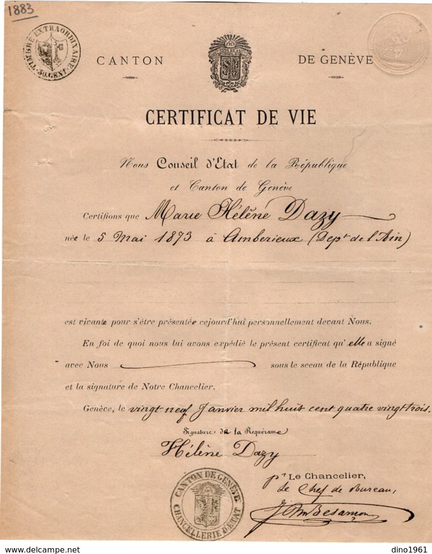 VP14.566 - SUISSE - GENEVE 1882 - Certificat De Vie - Mlle Marie Hélène DAZY Née à AMBERIEUX - Collections