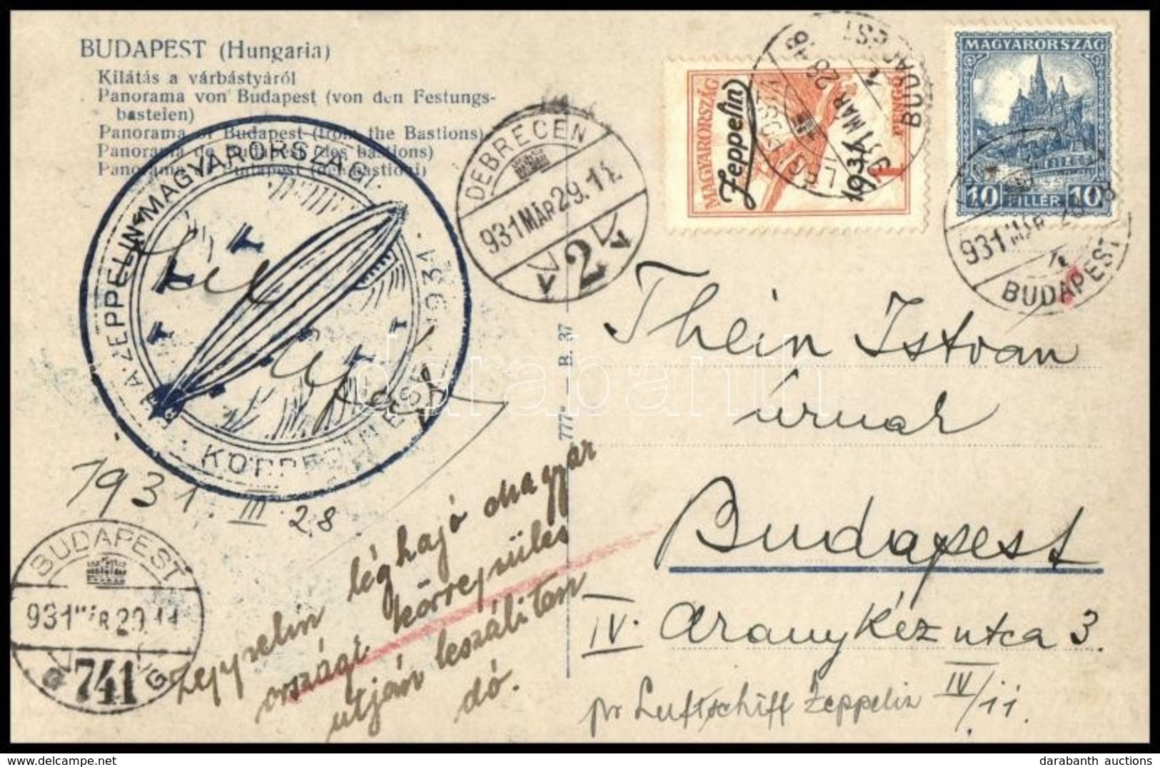 1931 Zeppelin Magyarországi Körrepülés Képeslap Zeppelin 1P Bérmentesítéssel Alkalmi Bélyegzéssel, Debreceni Ledobás (16 - Other & Unclassified