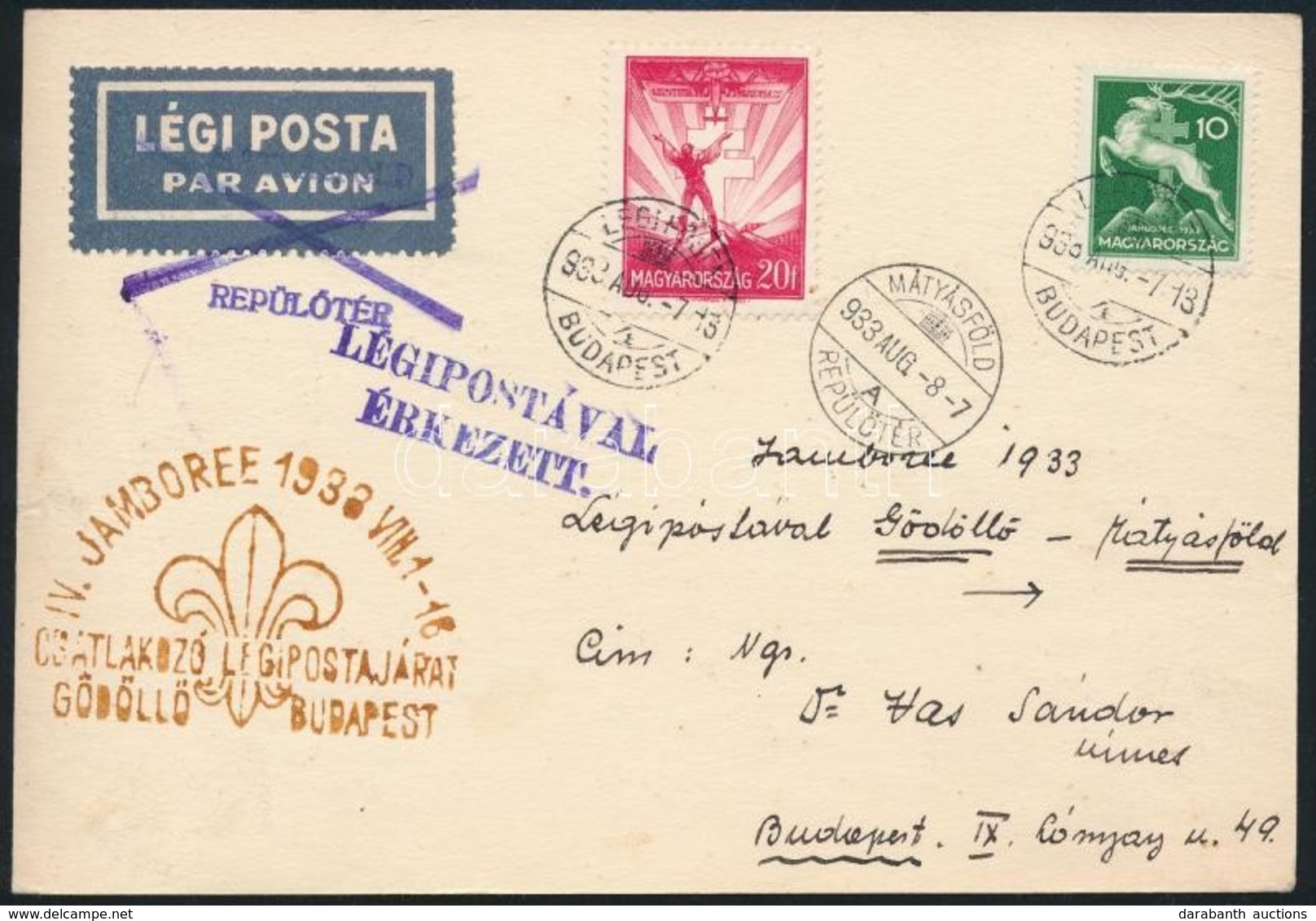 1933 Légiposta Levelezőlap Alkalmi Bélyegzéssel Budapestre 'GÖDÖLLŐ / IV. JAMBOREE' - Other & Unclassified