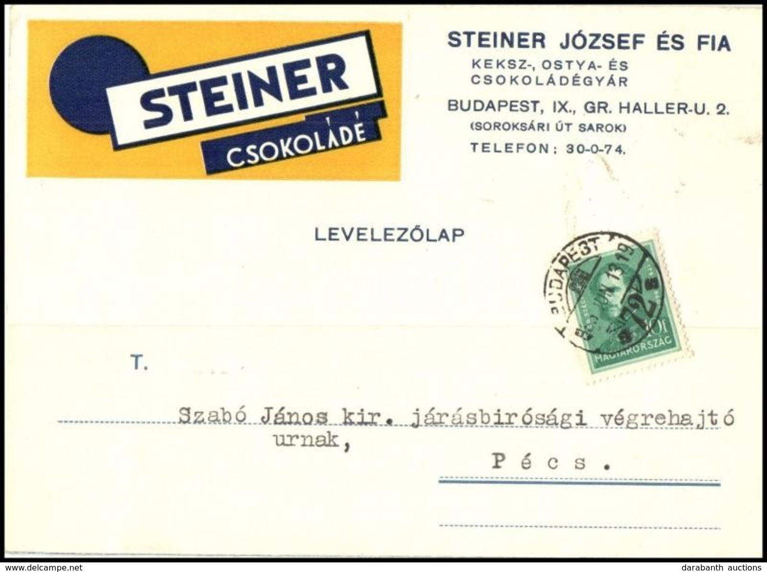 1936 Steiner Csokoládégyár Céges Levelezőlapja - Other & Unclassified
