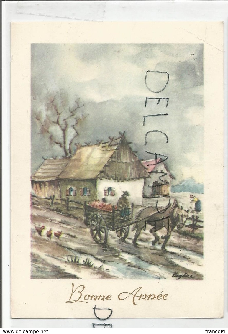 Bonne Année. Cariole Tirée Par Un Cheval Sur Un Chemin De Ferme. Signée Eugène. - Nouvel An