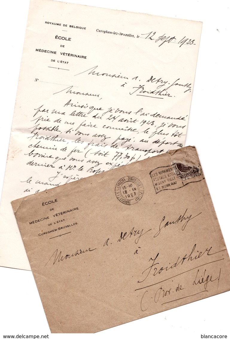 CUREGHEM BRUXELLES ANDERLECHT 1923 Courrier De L' école De Médecine Vétérinaire - 1900 – 1949