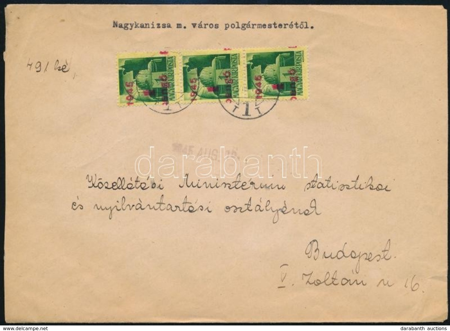 1945 (2. Díjszabás) Távolsági Levél Kisegítő 3 X 1P/1P Bérmentesítéssel - Other & Unclassified