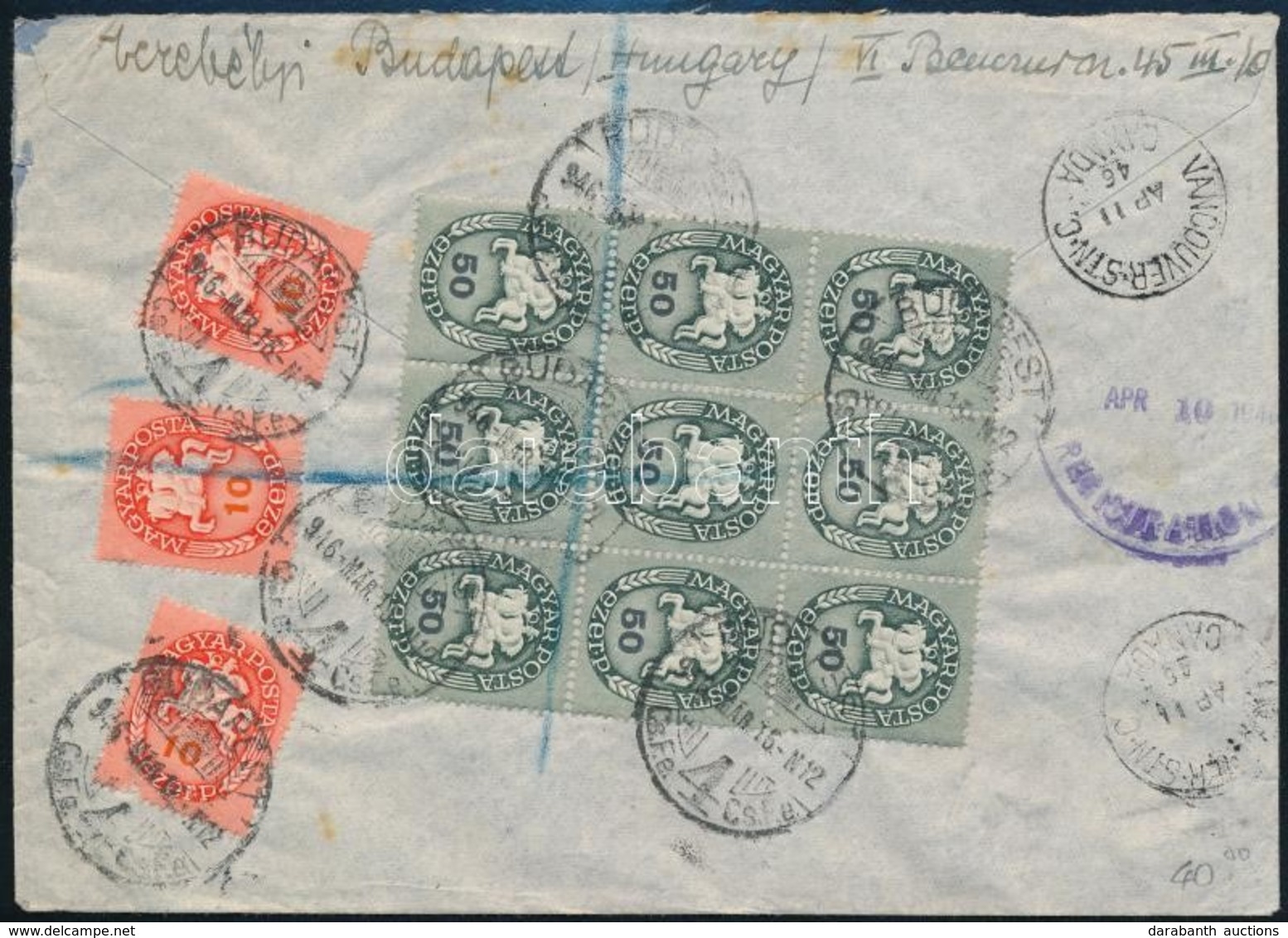 1946 (9. Díjszabás) Ajánlott Levél Vancouver/ Kanadába Küldve12 Db Lovasfutár Bélyeggel Bérmentesítve / Registered Cover - Other & Unclassified