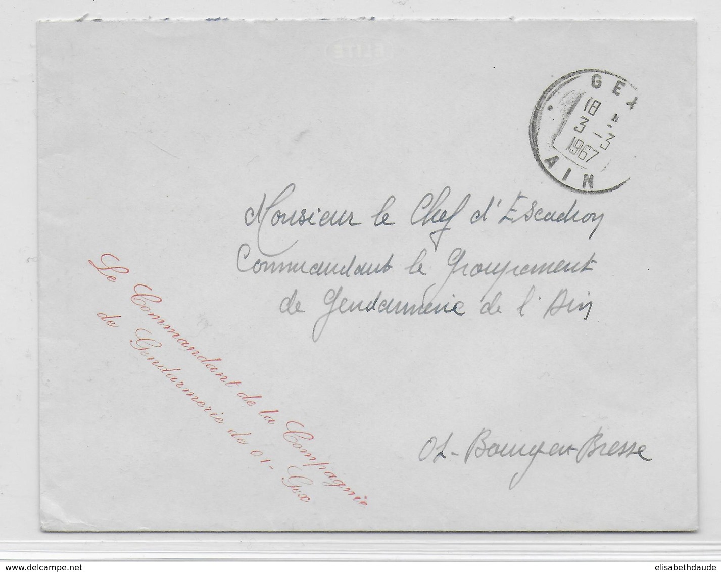 1967 - GENDARMERIE - ENVELOPPE En FRANCHISE De GEX (AIN) - Military Postmarks From 1900 (out Of Wars Periods)