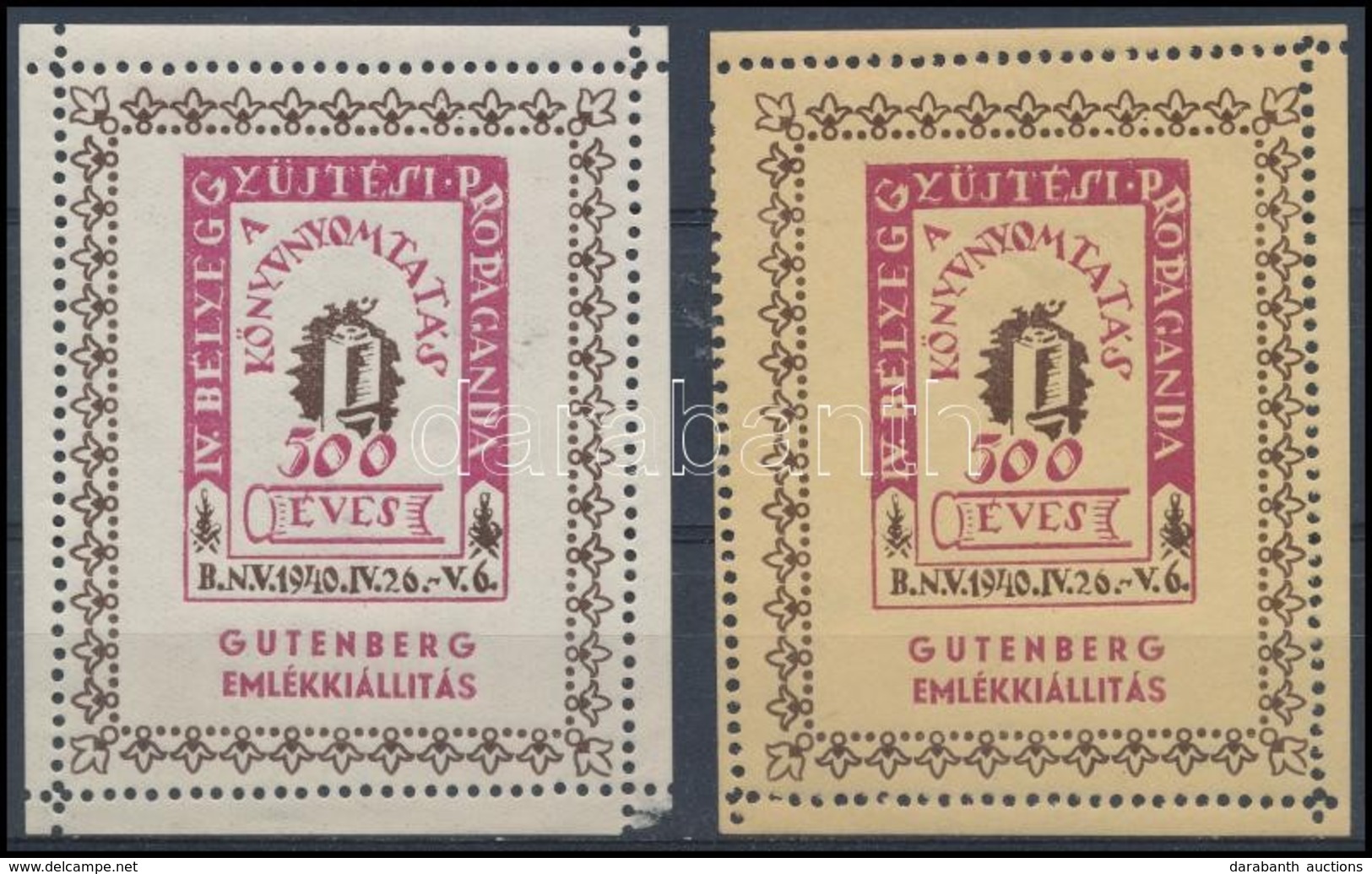 ** 1940/8aa + 8ba Gutenberg Emlékblokk Vágási és Fogazási Hibával (20.000) - Other & Unclassified