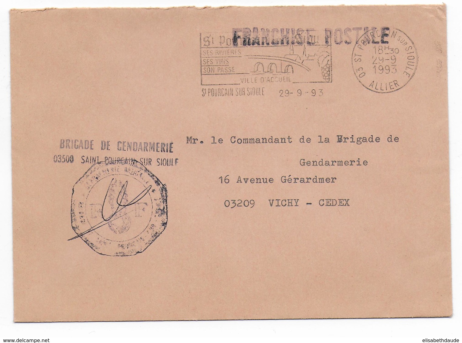 1993 - GENDARMERIE - ENVELOPPE En FRANCHISE De ST POURCAIN (ALLIER) - Cachets Militaires A Partir De 1900 (hors Guerres)