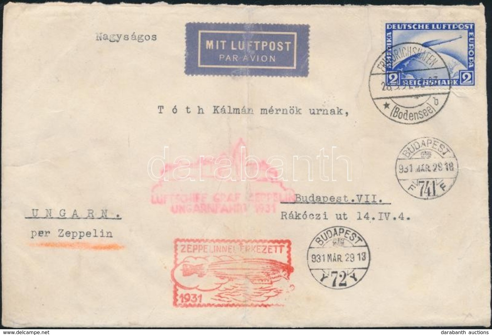 1931 Zeppelin Magyarországi útja Levél 2RM Zeppelin Bérmentesítéssel / Zeppelin Flight To Hungary, Cover With 2RM Zeppel - Other & Unclassified