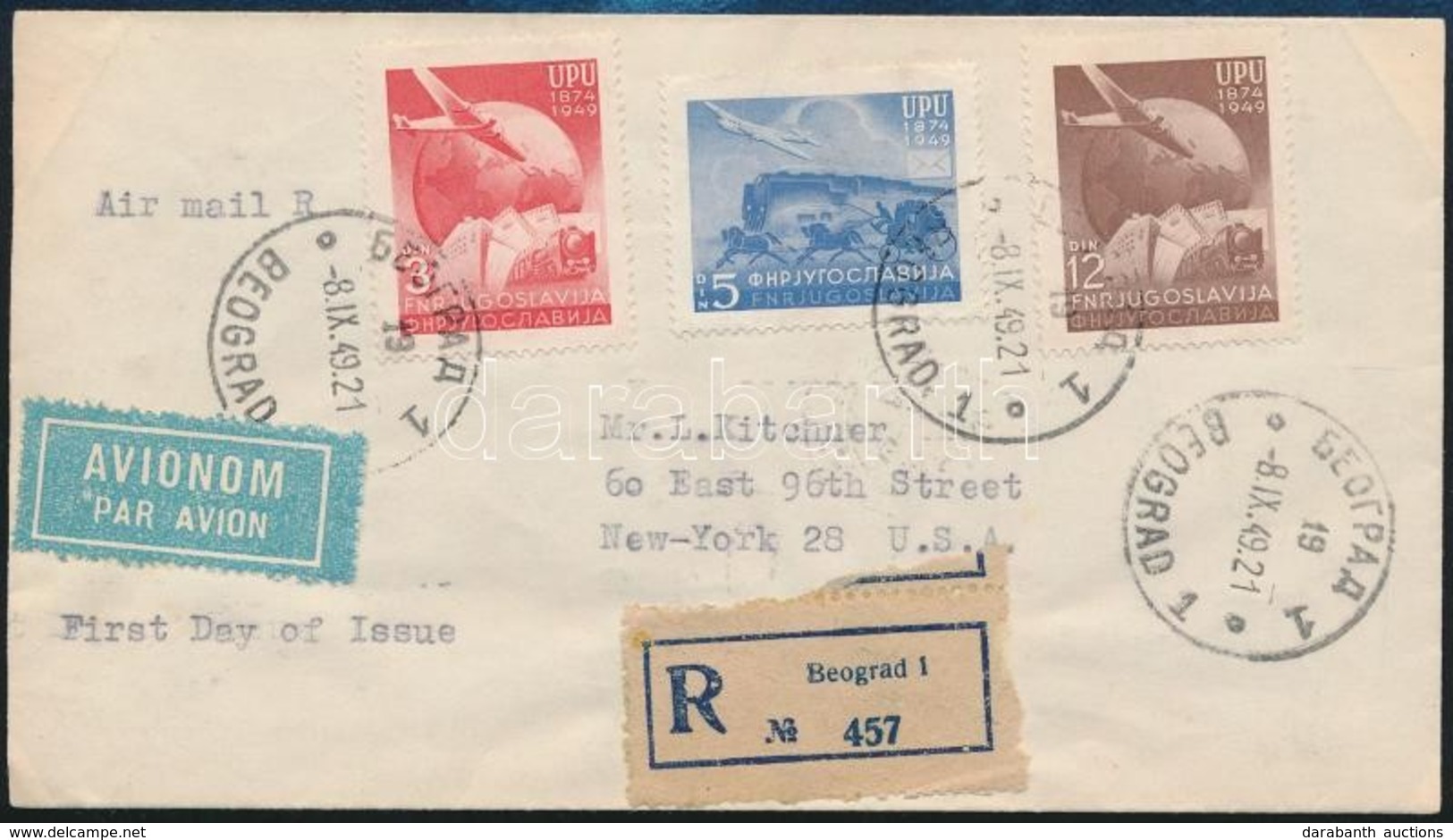 1949 UPU Sor Mi 578-580 Ajánlott Légi FDC New Yorkba - Altri & Non Classificati