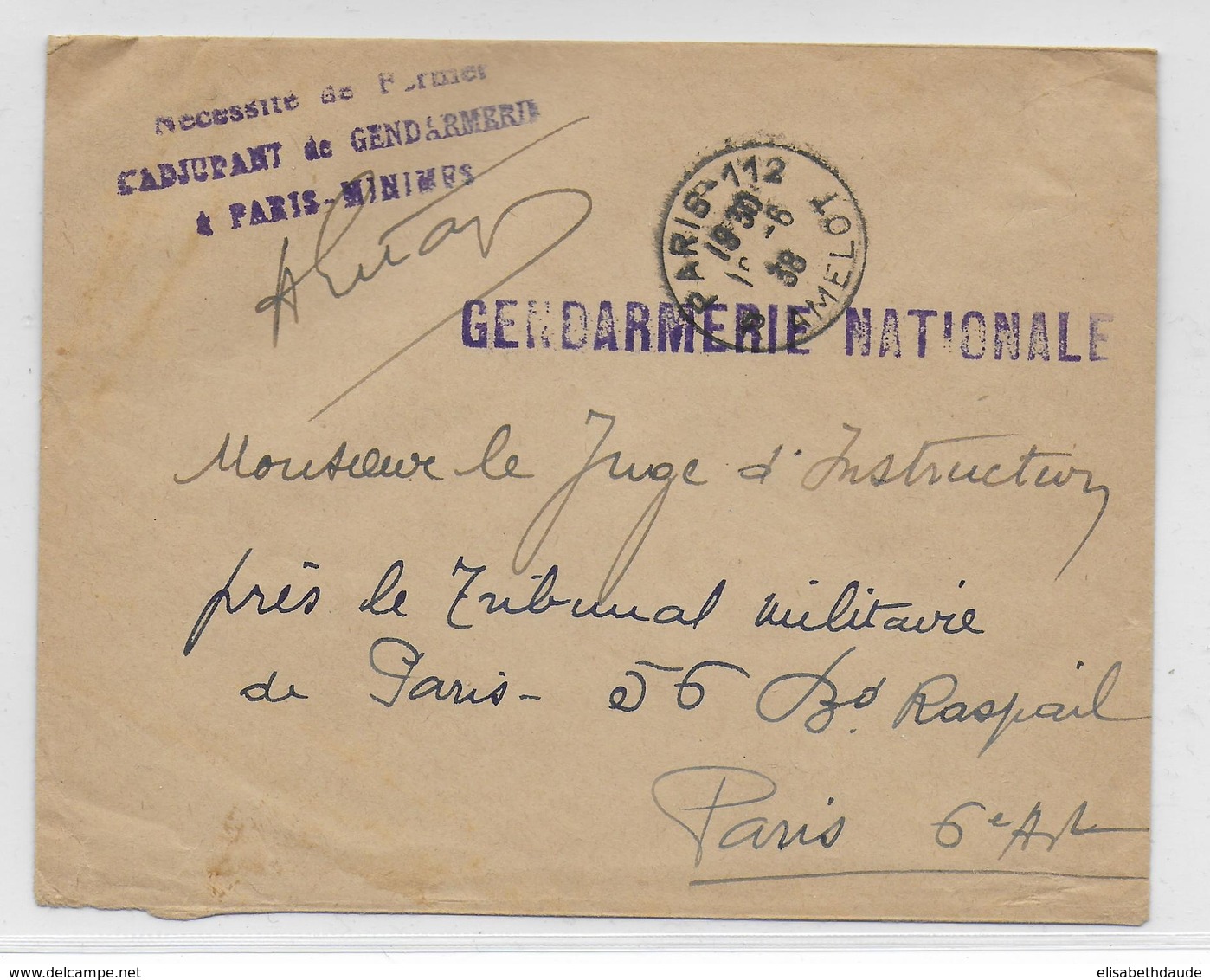 1938 - GENDARMERIE - ENVELOPPE En FRANCHISE De PARIS 112 - Cachets Militaires A Partir De 1900 (hors Guerres)