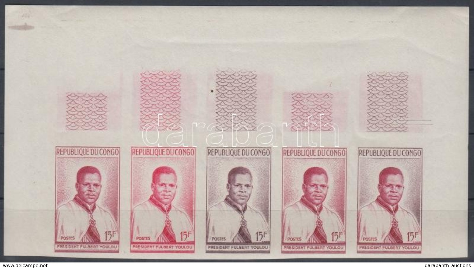 ** Kongó (Brazzaville) 1960 Fulbert Youlou Elnök Mi 4 5 Db Fogazatlan Színpróba ötöscsíkban / Stripe Of 5 Different Impe - Sonstige & Ohne Zuordnung