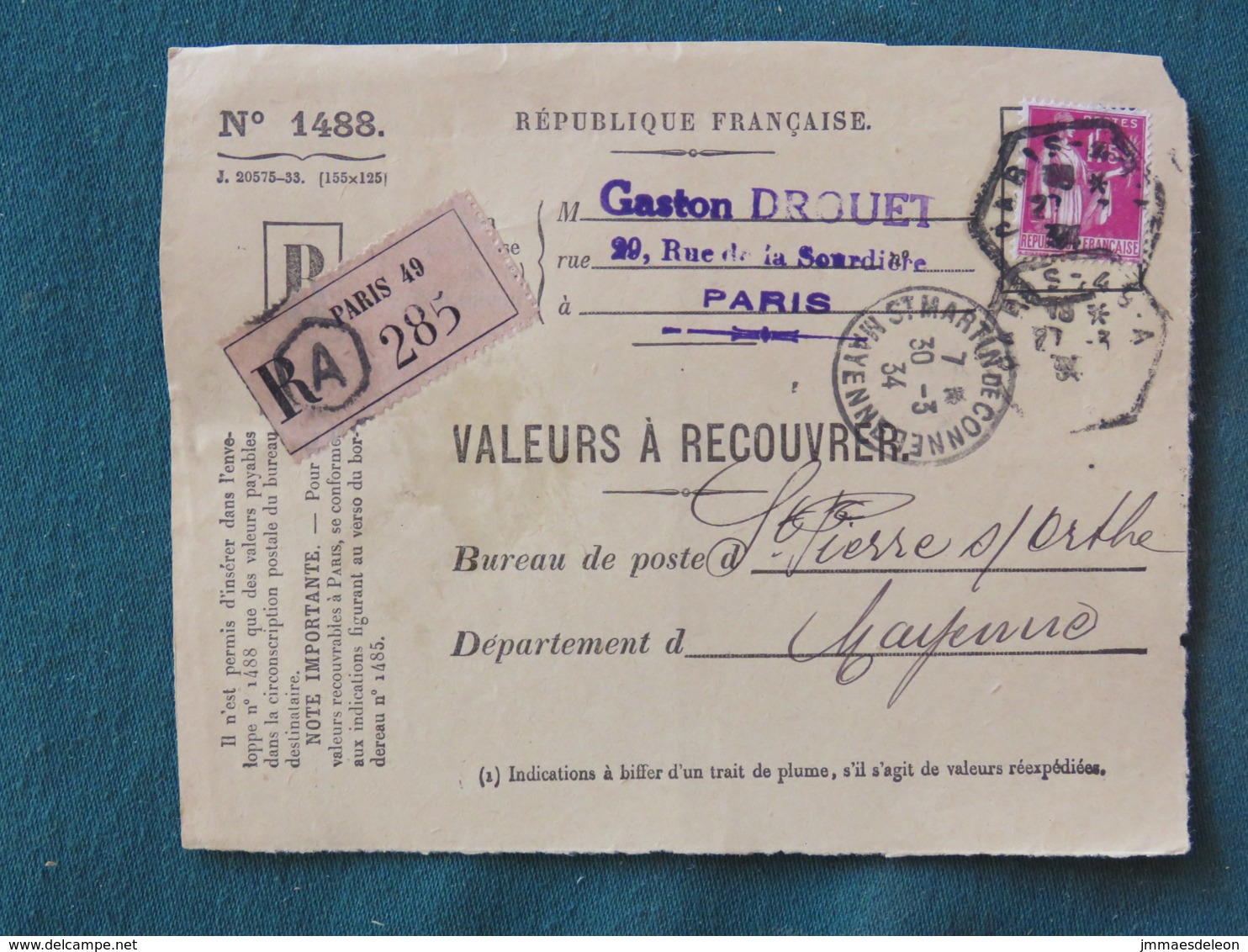 France 1934 Front Of Registered Cover "valeurs A Recouvrer" Paris To St. Pierre Sur Orthe St: Martin De Connee - Paix Pe - Covers & Documents