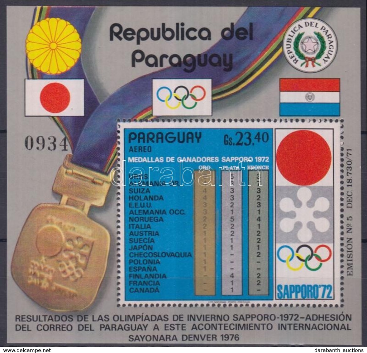 ** 1972 Téli Olimpia, Sapporo Blokk Mi 192 - Altri & Non Classificati