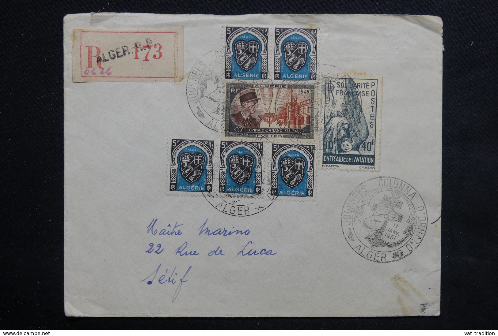 ALGÉRIE - Enveloppe En Recommandé Des Journées Colonna D'Ornano D 'Alger En 1951 Pour Sétif , Affr. Plaisant - L 22914 - Lettres & Documents