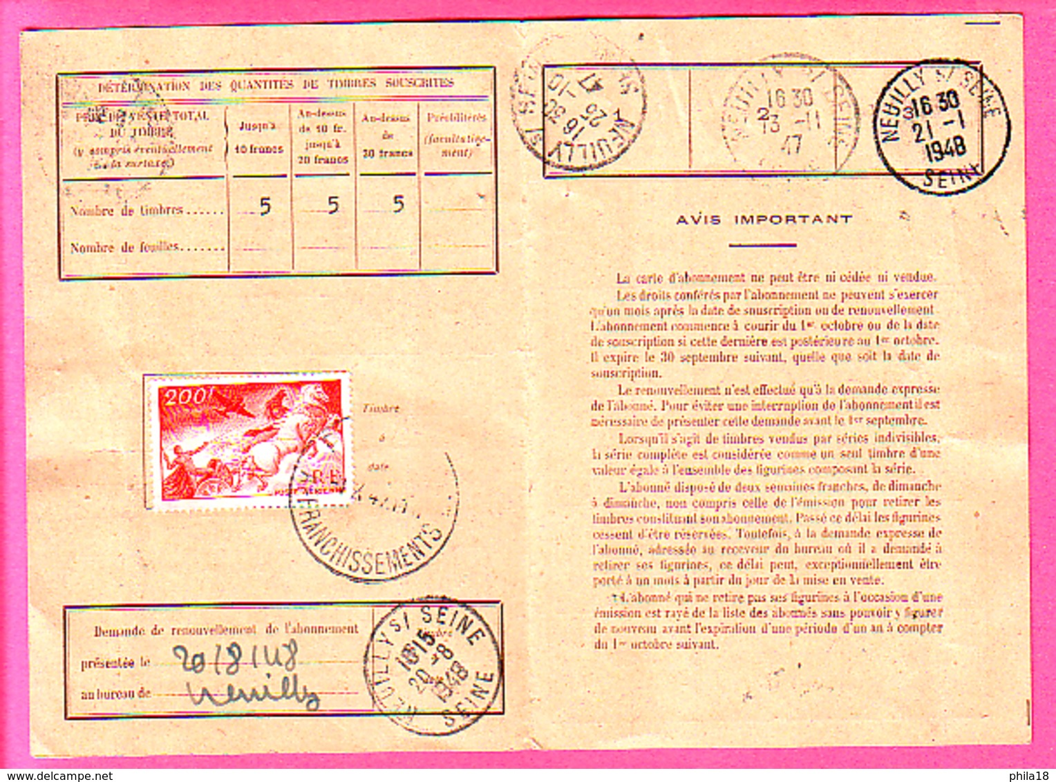 200F  CHAR SOLEIL PA 19 SUR CARTE ABONNEMENT AUX TIMBRES OBLI PARIS AFFRANCHISSEMENT 1947 A SERVIR A NEUILLY - 1921-1960: Modern Period