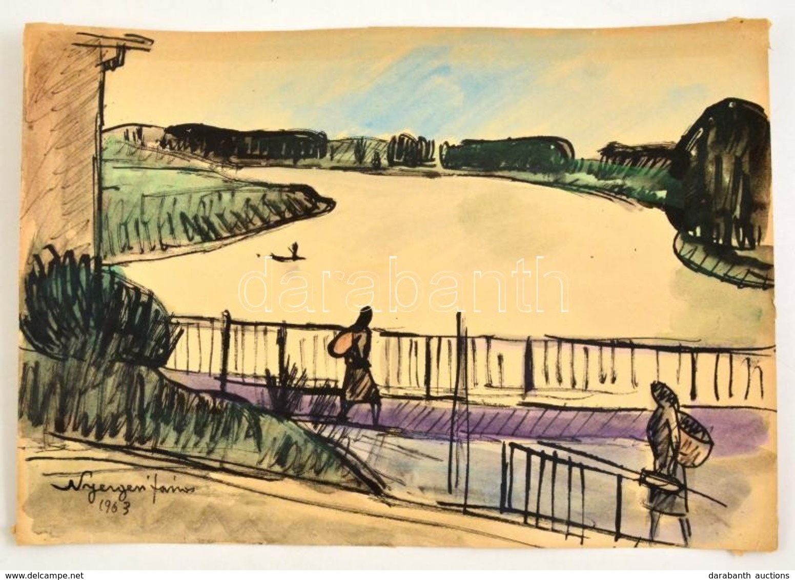 Nyergesi János (1923-1996): Híd, Akvarell, Papír, Jelzett, 30×43 Cm - Sonstige & Ohne Zuordnung