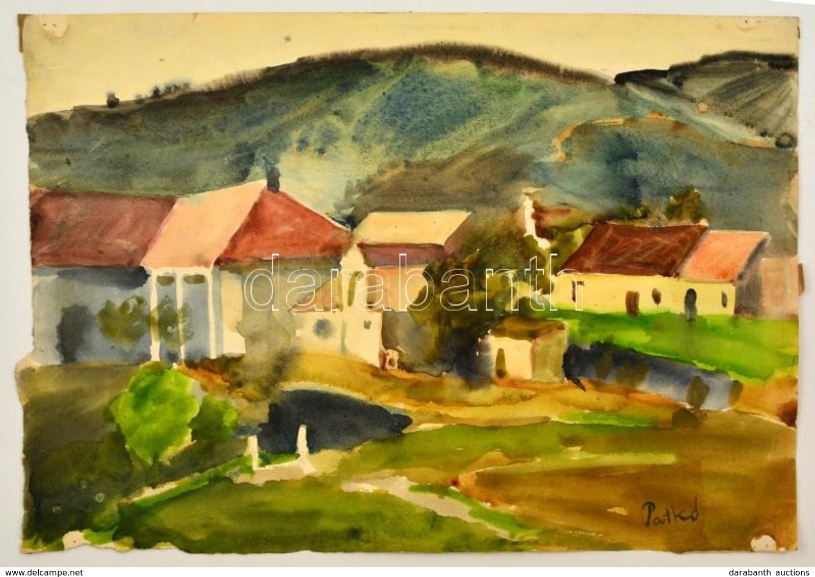 Patkó Jelzéssel: Kilátás A Falura. Akvarell, Papír, 30×42 Cm - Sonstige & Ohne Zuordnung