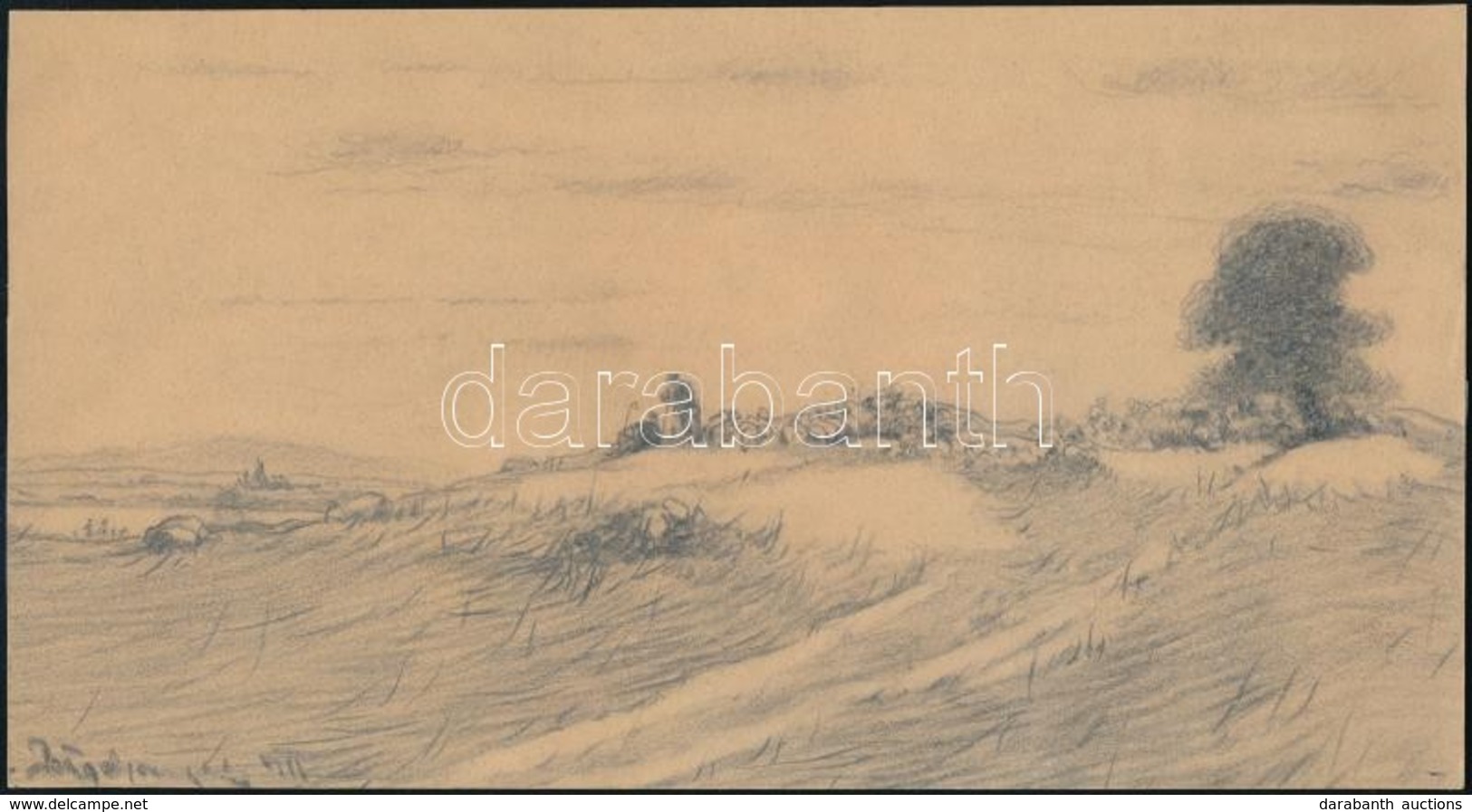 Pörge Gergely (1858-1930): Pásztorok, Ceruza, Papír, Jelzett, 14×26 Cm - Sonstige & Ohne Zuordnung