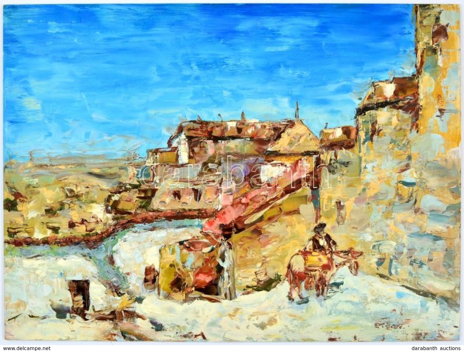 Jelzés Nélkül: Mediterrán Városka, Szamárral. Olaj, Farost. 30x40 Cm - Altri & Non Classificati