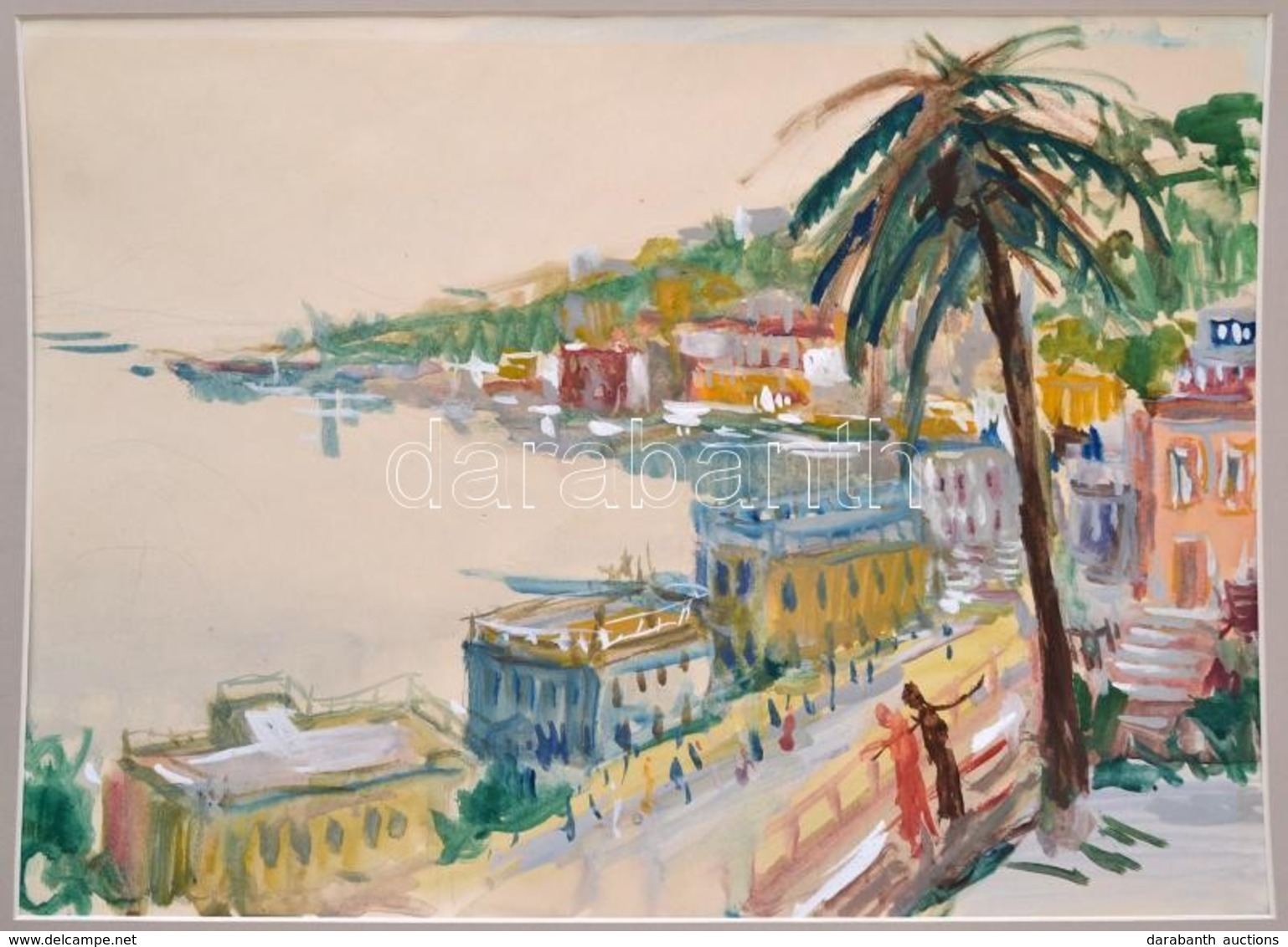 Jelzés Nélkül: Mediterrán Tengerparti Város. Akvarell, Papír, 29×40 Cm - Other & Unclassified