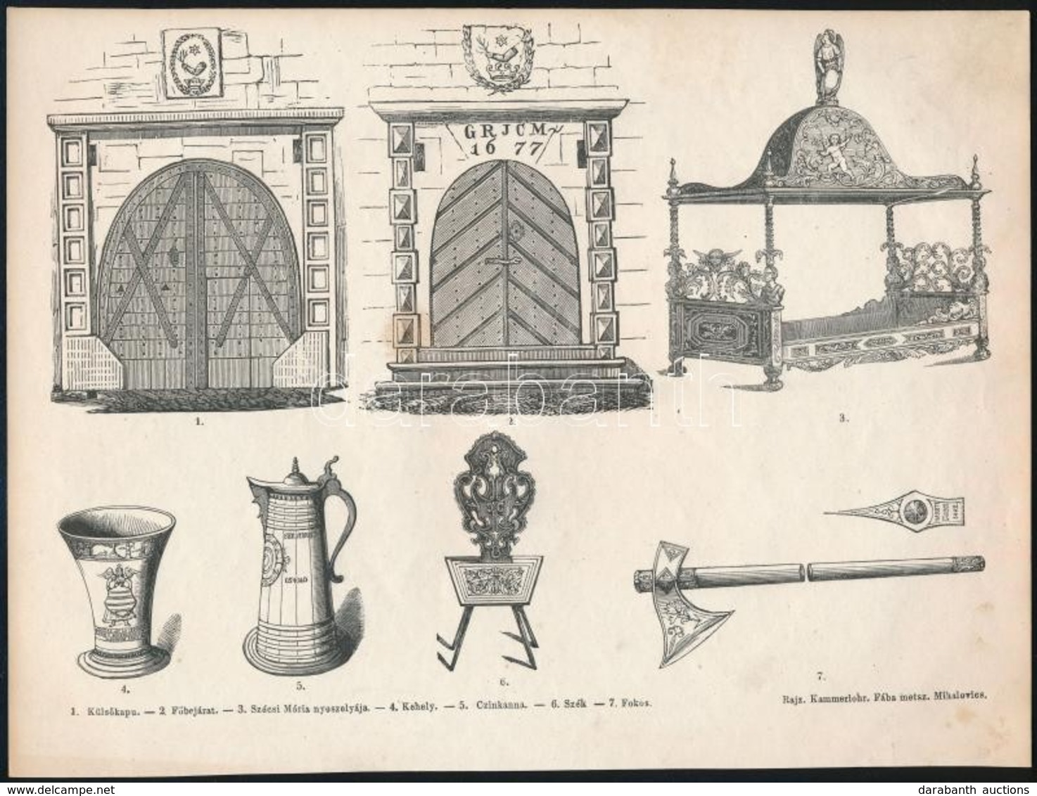 A Radványi-kastély Bejáratai és Tárgyak A Kastélyból, Rotációs Fametszet, 20×26,5 Cm - Stiche & Gravuren