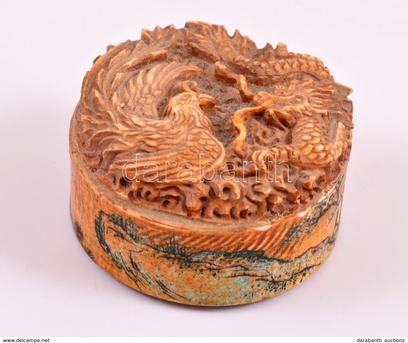 Sárkányt  és Kakast ábrázoló, Régi Kínai Fa Pecsétnyomó, Kézzel Festett Díszítéssel  / Antique Chinese Seal Maker With D - Other & Unclassified