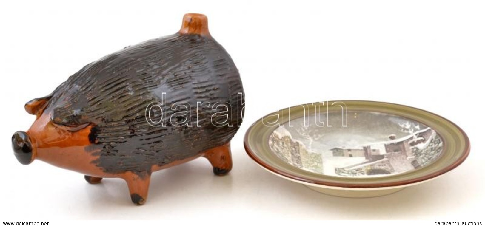 Dekoratív Kerámia Malac, Jelzett, Apró Kopásokkal, M: 11,5 Cm + Schramberg Látképes Porcelán Falitányér, Matricás, Jelze - Other & Unclassified